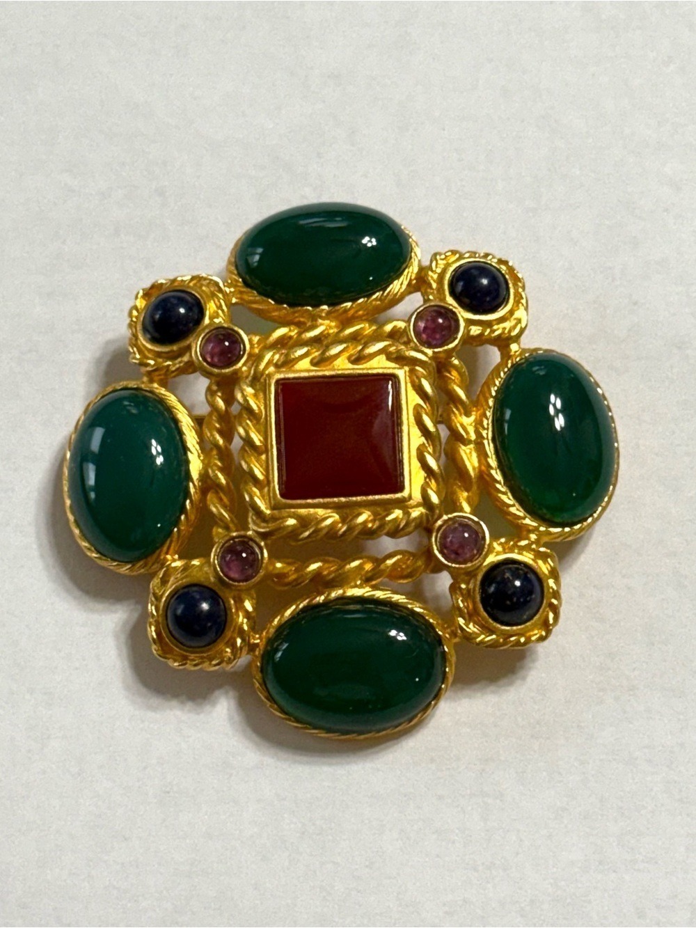 Leslie Block Vintage 90s Gold Tone Green Cabochon & Red Center Statement Brooch